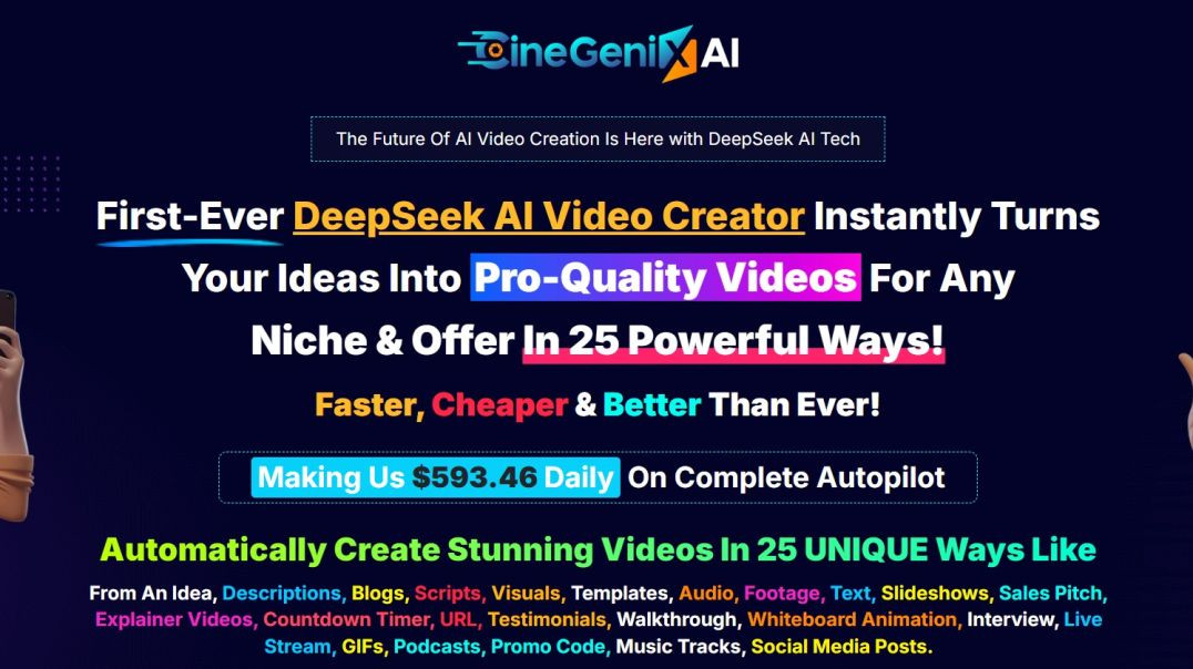 Cine Genix AI – 25 أداة ثورية لإنشاء مقاطع الفيديو. تطبيق DeepSeek Video Creator المدعوم بالذكاء الاصطناعي، الأول من نوعه، يُنشئ مقاطع فيديو احترافية بجودة عالية فورًا وبـ 25 طريقة فعّالة لأي مجال في أقل من 60 ثانية، مقابل رسوم رمزية تدفع لمرة واحدة فقط.