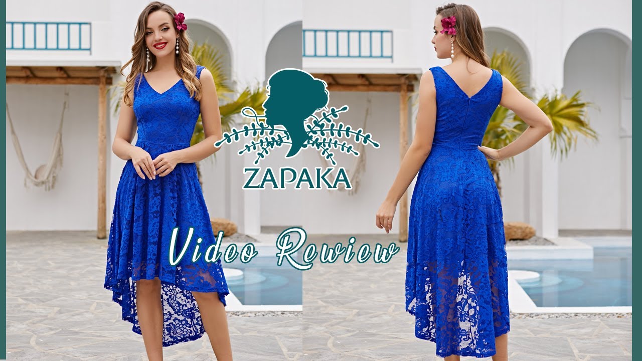 فستان زابكا النسائي من الدانتيل الأزرق الملكي، بياقة على شكل حرف V، بتصميم قصير من الأمام وطويل من الخلف، مناسب للحفلات والمناسبات الرسمية.