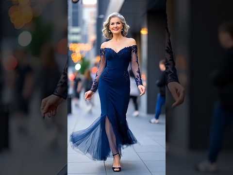 Elegant Navy Blue Off-Shoulder Evening Gown  | Timeless Style for Mature Women Over 40❤️